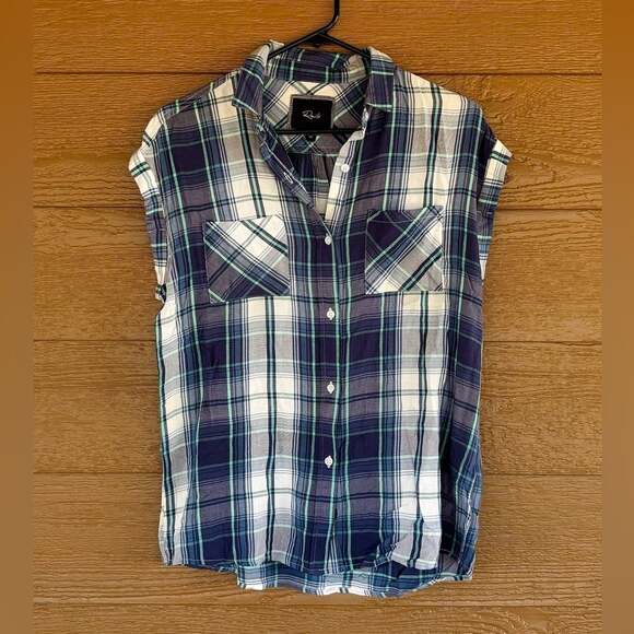 Rails Tops - Rails Navy, White & Teal Plaid Button-Up Cut Off Style Shirt Sz XS